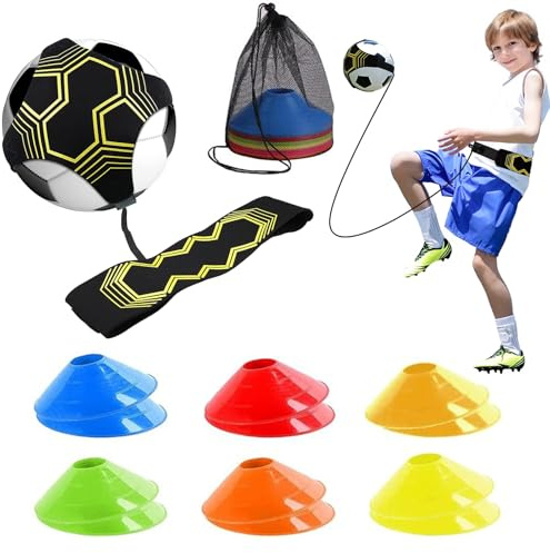 CarPlusStudio Équipement d'entraînement de football - Kick Trainer avec ceinture réglable, 12 cônes de football, aide à la pratique en solo pour garçons et adultes, support de ballon élastique pour
