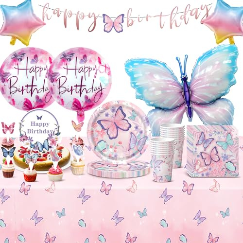 Schmetterling Geburtstag Deko Set, 92 PCS Partygeschirr für 20 Gäste mit Großer Schmetterling Folienballon Partyzubehörset Rosa Mädchen Tortenstecker Pappteller Tassen Servietten Tischdecke