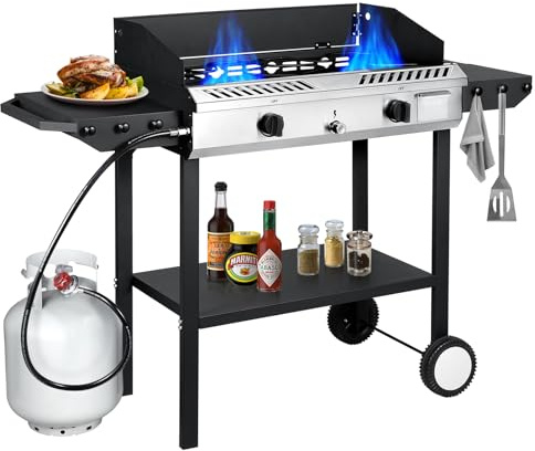 Llamaviva 2 Burner Outdoor Gas Stove with Side Shelves, Auto-ignition & Regulator, 150,000 BTU Propane Outdoor Stoves for Cooking, Camping&BBQ Cookouts