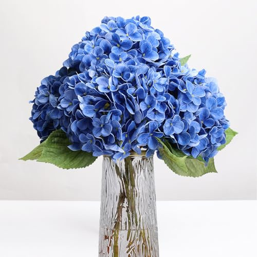 LBAYOHO Bellissimi fiori artificiali di ortensia blu scuro con steli, fiori finti in seta per esterni, 4 fiori artificiali per la decorazione della casa, bouquet di nozze, centrotavola, vaso