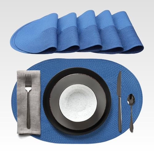 AGYO Set mit 6 ovalen Tischsets geflochten 44 × 29,5 cm – Placemat aus PP hellblau, rutschfest, waschbar und rollbar – elegant für Tisch, Küche, Outdoor