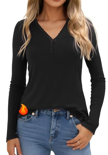 Crewhpo Haut Thermique Femme avec Dentelle Col V T Shirt Thermiques Cotton à Manches Longues sous Pull Hiver Chaud Tee Shirt Thermolactyl Casual Couleur Unie Noir L