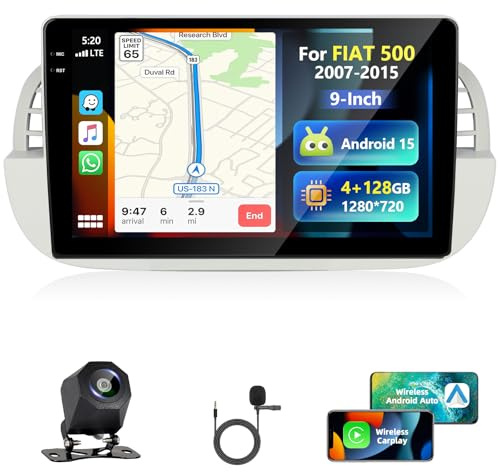 Motorsi 4G+128G Carplay Autoradio per Fiat 500 2007-2015 con Wireless Android Auto Touchscreen da 9 pollici GPS Navigation/WiFi/FM/RDS Radio/SWC/Canbus/Bluetooth/EQ+AHD Camera