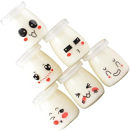Mipcase 6pezzi Bottiglie in Vetro Per Yogurt Budino e Dessert Design Faccine Carine Contenitori Resistenti Al Calore e Facili Da Pulire