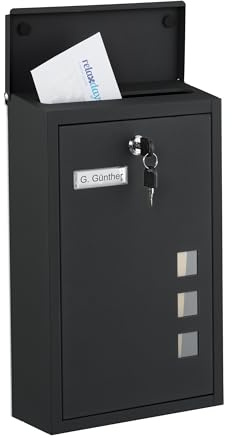 Relaxdays Briefkasten mit Sichtfenstern, HxBxT: 40 x 25 x 11,5 cm, Eisen, 4 Schlüssel, Postkasten Hochformat, schwarz