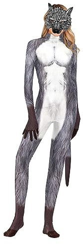 Women's Halloween Fullbody Wolf Costume with Mask,Tail, Big Bad Wolf Muscle Bodysuit Animal Catsuit Outfit (Large)