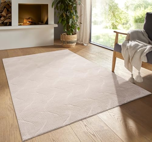Taracarpet Kurzflor Boho Skandi Polyester Teppich in 3D Optik waschbar, pflegeleicht und robust ideal fürs Wohnzimmer, Schlafzimmer und Kinderzimmer auch als Badematte Beige Düne 060x120 cm