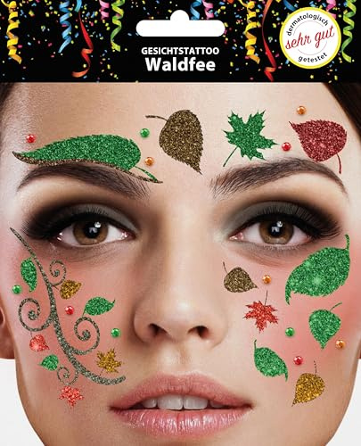 Trendandstylez Glitzer Gesichtstattoo Set – 30 Designs | Face Tattoo | Dermatologisch getestet | Karneval, Festival, Halloween, Fasching & Party Make Up Aufkleber (Waldfee)