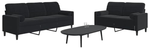 HETFTJN 2-TLG. Samt-Sofa Garnitur Schwarz 137 cm Zweisitzer & 197 cm Dreisitzer 80 cm Höhe Metallgestell Modernes Wohnzimmer Couch Set mit Kissen für Lounge Schlafsofa klein