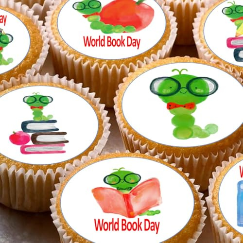 World Book Day Edible Wafer Cupcake Toppers, Round Reading Theme Cake Decorations, Pre-cut, 24 Pieces