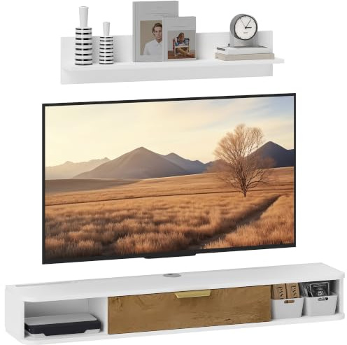 HOMCOM Mobile TV a parete con gestione cavi 120x24x16 cm Bianco | Mobile TV in legno a parete con ripiani aperti, sportello ribaltabile e base TV per soggiorno o camera da letto.