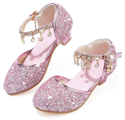 LECYGNB Chaussure Princesse Fille Paillettes Déguisement Talon Haut Cosplay Mariage Noël Anniversaire Cérémonie Fête Danseuses Ballerines Sandale Crystal Bling Rose EU 27