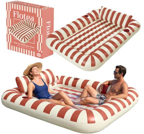 Flotea® Materassino Gonfiabile XXL per Adulti 2 Posti Beige & Terracotta | Galleggiante con Cuscini e Portabicchieri Integrati | PVC 215 x 148 cm | Piscina, Spiaggia, Mare | Original Corner