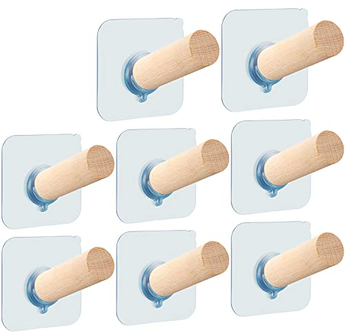 FOTYRIG Adhesive Hat Hooks Hat Hangers 10lbs Sticky Wall Rack for Baseball Caps, Bucket Hats, Cowboy Hats, Extended Wooden Pegs Handmade - Bathroom Door Cloest Entryway Wardrobe-8 Pack
