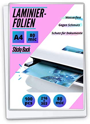 100 PREMIUM Heiß-Laminierfolien DIN A4 - selbstklebende Rückseite 2 x 80mic (160 mic) - glänzend