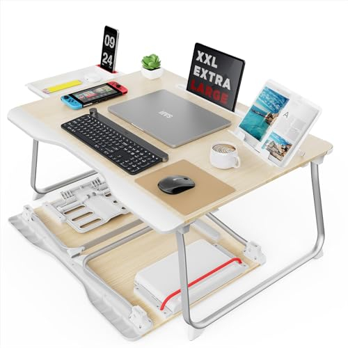 SAIJI Laptop Tablett Bett Tisch, Sstabil XXL klappbar Tisch, für Boden Sofa Essen Arbeiten Spielen Lesen Lernen mit Schublade Buchständer Tablet Handy Ständer (Teak, 65 * 49 * 30cm)