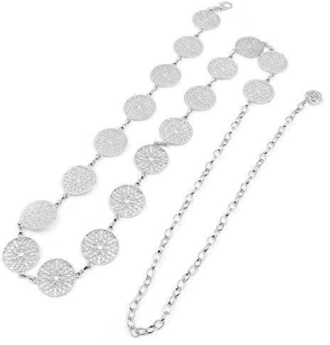 Hsthe Sea 59 inch Silver Adjustable Buckle Long Waist Chain Fashion Chain Belt for Women Vintage Openwork Carved Metal Ring Waist Belt