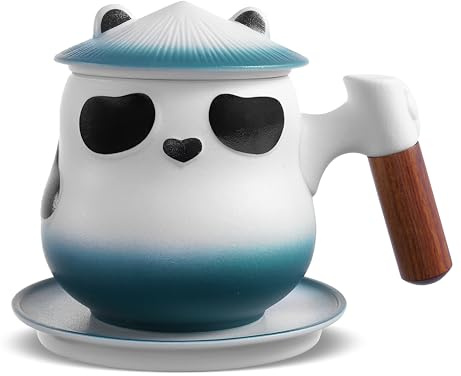 ZENS Tea Mug With Infuser and Lid, 330 ML Cute Panda Cup With Strainer for Loose Leaf, Wood Handle Ceramic Infuser Mug for Brewing, Collector's Gift for Daughter