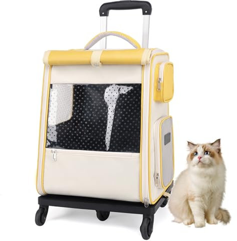 Sac De Transport Souple À roulettes pour Animaux De Compagnie,Sac À Dos Trolley Chariot Panier De Transport pour Animaux/Chien Et Chat avec Poignée Au Manche Télescopique,Jaune