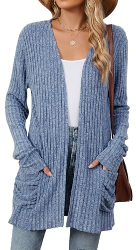 RUISHH Mujeres Cárdigan Manga Larga de Punto Chaqueta Ligera Frente Abierto Cuello V Jersey con Bolsillos Azul S