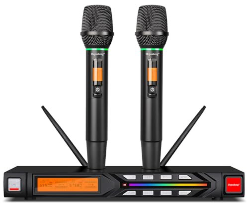 Depusheng R7 Ensemble de Microphone sans Fil équipé de Deux Microphones à Main dynamiques et d'un récepteur, avec Une portée de réception de 80 mètres, adapté aux scènes de Concerts de karaoké