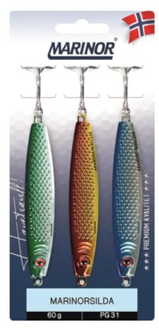 MARINOR Marinorsilda Pilker-Set, 3 Stück, 60g, Grün-Silber/Rot-Gold/Blau-Silber, VMC-Haken, Küstenpilker, Küstenblinker, Meeresköder (60g)