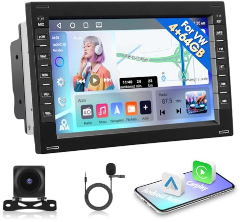 4G+64G Motorsi Android 15 Carplay Autoradio für VW Golf 4 T5 Polo Passat Skoda Seat, 2 Din 7'' IPS Touchscreen Android Auto Radio unterstützen DAB+ OBD2 GPS FM/RDS EQ, Rückfahrkamera