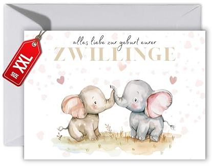 Glückwunsch Karte mit Umschlag - schöne Glückwunschkarte zur Geburt von Zwillingen “Alles Liebe zur GEburt euer Zwillinge” süße Geschenkkarte Schwangerschaft Geburt Baby Babyparty Mutter (XXL DIN A4)