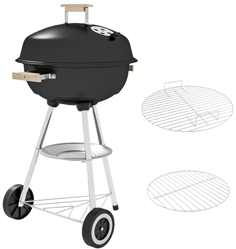 Outsunny Barbecue à charbon rond avec couvercle, roues et contrôle température, BBQ portable barbecue grill pour jardin camping balcon, 48 x 56 x 94 cm, noir