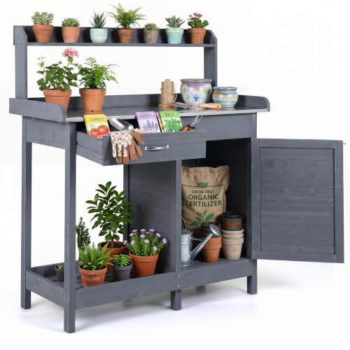 COSTWAY Pflanztisch mit Schubladen & Unterschrank, Gärtnertisch Outdoor | wetterfest, Gartenarbeitstisch Holz mit verzinkter Arbeitsplatte, Blumentisch für Garten Terrasse Hof, 87x45x120cm (Grau)