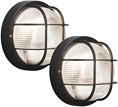 KONSTSMIDE Mantova 7651-750-2 Lot de 2 lampes de cave, luminaires pour pièces humides, grille de protection, montage mural/plafond Noir