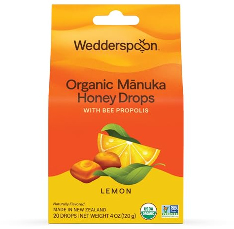 Wedderspoon Organic Manuka Honey Drops, Lemon & Bee Propolis, 20 Count | USDA Organic | Genuine New Zealand Honey, Natural Remedy for Dry Throat