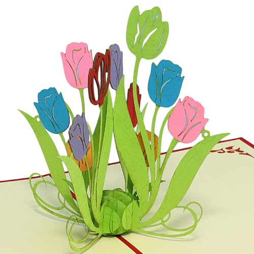LINPOPUP®, LIN17578, Pop Up Karte Blumen, POP UP Karten Geburtstag, Pop-Up Karte Muttertagskarte Geburtstagskarte Muttertag Gute Besserung Blumen Osterkarte, Tulpen, N337