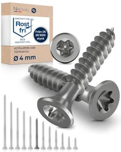 Träskruvar i Rostfritt Stål A2 – Försänkt Huvud Torx TX20 – Helgängade – 4 x 45 mm – 200 Pack – Universalskruvar för Trä