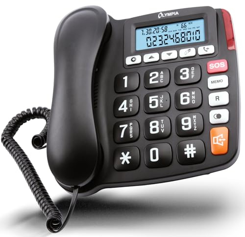 OLYMPIA 4520 Telefono fisso a filo per anziani, con tasti grandi, tasti SOS e vivavoce, Nero