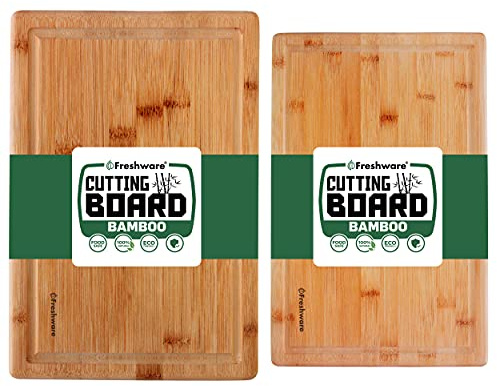 Bamboo Cutting Boards for Kitchen with Juice Groove [Set of 2] Wood Cutting Board for Chopping Meat, Vegetables, Fruits, Cheese, Knife Friendly Serving Tray with Handles