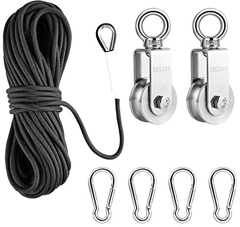 TooTaci U Pulley System Set, 304 Stainless Steel Hoist Pulley Block for Lifting, 2pcs 34mm Single Pulley Wheels with 20M/6mm Pulley Nylon Rope, 4pcs Carabiner Hooks for Indoor Outdoor