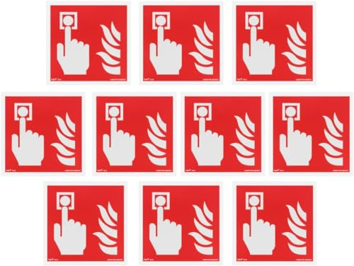 notlok Safety Work 10x Brandschutzzeichen Feueralarm 15x15cm PVC | Nachleuchtende Kunststoffplatte + Aufkleber für einfache Montage, Wetterfest, DIN EN ISO 7010, Brandschutz Schilder