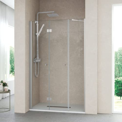Mampara de Ducha Frontal Puerta Plegable + 1 Fijo TRANSPARENTE | Cabina Ducha de Apertura Plegable + Cristal Fijo Lateral | Vidrio 6mm Antical | 195cm Altura | Cromo | 120 cm