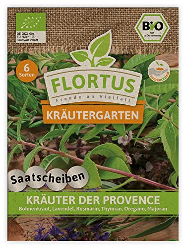 FLORTUS Kräuter der Provence BIO Saatscheiben | 6 Sorten | BIO Kräutersamen Saatscheiben | Kräutermischung Samen | BIO Kräutersamen für Bohnenkraut, Lavendel, Rosmarin, Thymian, Oregano, Majoran