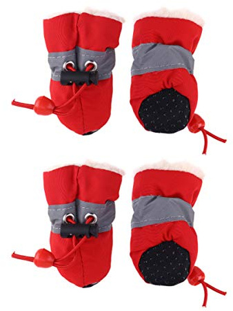 ULTECHNOVO Hundeschuhe Hundestiefel Anti Rutsch Pfotenschutz Regenstiefel Winter Warm Plüsch Sohle mit Gummiband für Kleine Hunde Welpen Chihuahua Schnauzer Katze (Rot Größe 3)