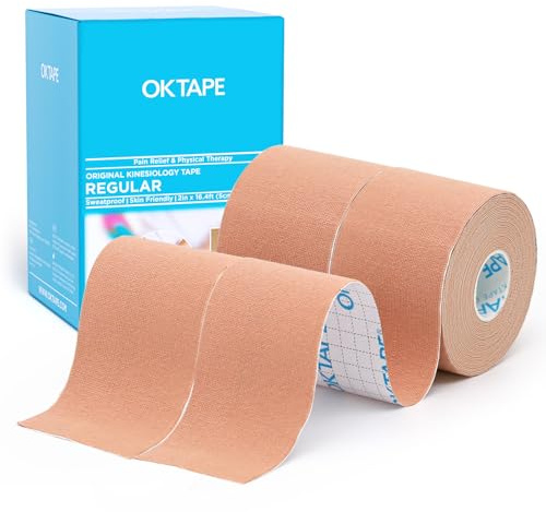 OK TAPE Basic Kinesiologie Tape, Uncut,5cm x 5m,2 Rollen,Beige | wasserfest & elastisch,für Muskelunterstützung, Knieschmerzen, Ellenbogen und Schulter