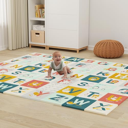 Dripex Baby Play Mat, 197×177×1.5cm Large Foam Crawling Playmat, Extra Thick Folding Reversible Waterproof Non Toxic Portable Floor Mat with Letters and Numbers for Baby