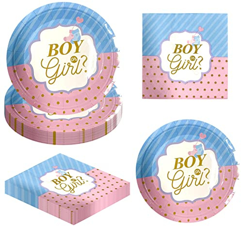 AINIUNIU Stoviglie per Gender Reveal Party, Set per Boy or Girl, Piatti per 16 Ospiti, Tovaglioli di Carta, Baby Shower