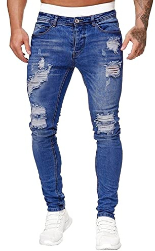 Mens Fashion Biker Jeans Classic Ripped Destroyed Stretchy Slim Fit Tapered Skinny Leg Jeans Business Work Dress Denim Pants
