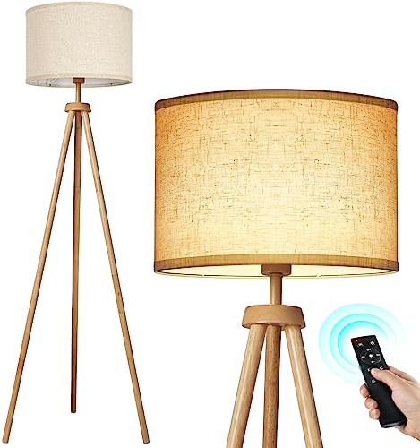 OUTON Solid Wooden Tripod Floor Lamp, Dimmable LED Standing Lamp with Remote Control & 4 Color Temperatures, 1H Timer, Floor Lamp with Linen Shade for Living Room Bedroom(Blub Included), Wood | 4 color temperatures, 1-hour timer, wooden floor lamp, beige linen lampshade, living room, bedroom