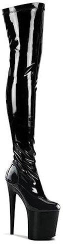 WOkismD 20 cm Absätze Overknee-Stiefel für Damen, Lackleder, Gothic-Oberschenkel, lange Stiefel, sexy Fetisch-Plateau-Stiletto-High-Heels, Pole Dance Stripper Perform-Schuhe, große Größe,Schwarz,42