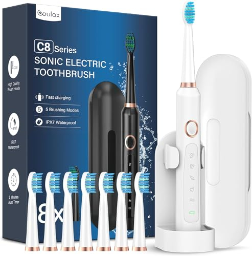 Spazzolino Elettrico Spazzolini Elettrici - Coulax Sonico Spazzolino da Denti Elettrico Spazzolino da Viaggio Ricaricabile Denti Ricaricabile con 8 Testine, Custodia, 5 Modalità Bianco Brillante