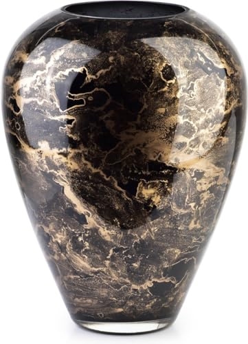 Terroso – Vase – Mundgeblasenes schwarzes Glas – Luxuriöses Erscheinungsbild, Stilvoll & Elegant - 27 cm hoch - Marmoroptik – Blumenvase