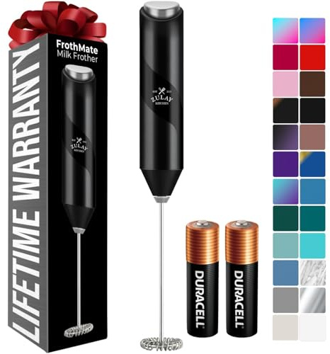 Zulay Kitchen Milk Frother Handheld - Mini Frother Wand, Milk Mixer, Drink Whisk for Coffee, Matcha Essentials & More, Stick Frother for Protein Shakes, Froster Mixer - AA Batteries Included - Black